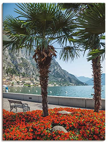 ARTland Leinwandbilder Wandbild Bild auf Leinwand 60 x 80 cm Wanddeko Natur Pflanzen Palme Pier Promenade Idyll See Gardasee Berge Südtirol Italien Q3BO von ARTLAND