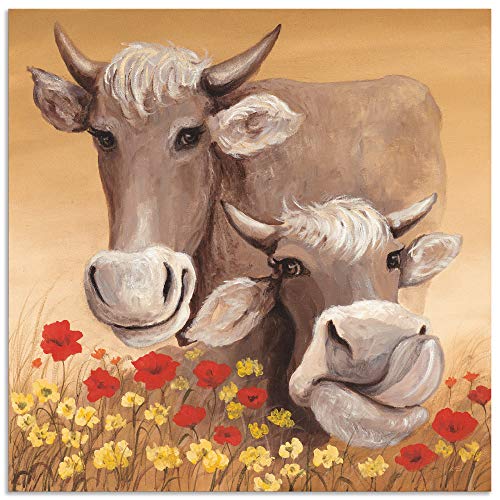 Artland Wandbild Alu für Innen & Outdoor Metall Bild 50x50 cm Kuh Tiere Blumen Wiese Shabby Chic Landhaus Malerei Ocker T4IP von ARTLAND