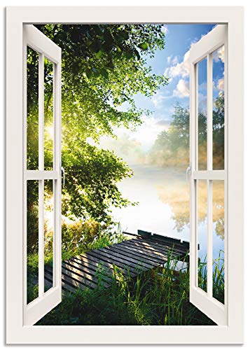 ARTland Wandbild Alu Verbundplatte für Innen & Outdoor Bild 50x70 cm Fensterblick Fenster Landschaft Wald Natur See Angelsteg Sonne Frühling T1JK von ARTLAND