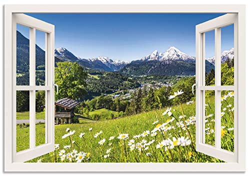 ARTland Wandbild Alu Verbundplatte für Innen & Outdoor Bild 70x50 cm Fensterblick Fenster Alpen Landschaft Berge Wald Gebirge Wiese Natur T5TQ von ARTLAND