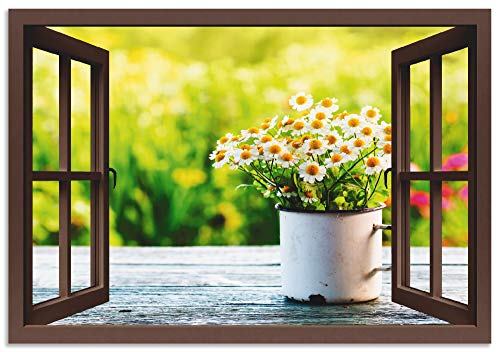 ARTland Wandbild Alu Verbundplatte für Innen & Outdoor Bild 70x50 cm Fensterblick Fenster Botanik Blumen Gänseblümchen Garten Frühling T4UF von ARTLAND