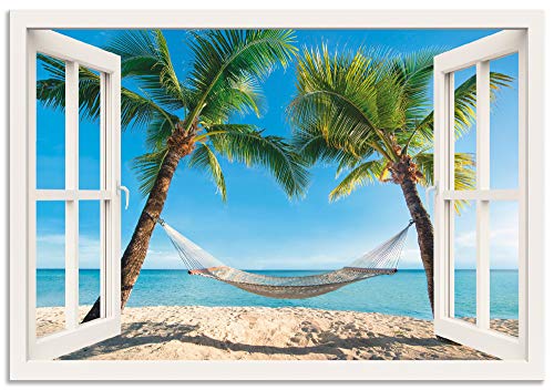 ARTland Wandbild Alu Verbundplatte für Innen & Outdoor Bild 70x50 cm Fensterblick Fenster Strand Karibik Meer Palmen Hängematte Südsee T4TQ von ARTLAND