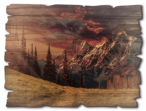 ARTland Wandbild aus Holz Shabby Chic Holzbild 40x30 cm Rechteckig Alpen Landschaft Berge Natur Wald Gebirge Landhausstil Bäume U1RI von ARTLAND