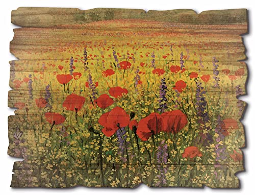 ARTland Wandbild aus Holz Shabby Chic Holzbild 40x30 cm Rechteckig Landschaft Blumen Mohnblumen Blüten Blumenwiese Natur H6LI von ARTLAND