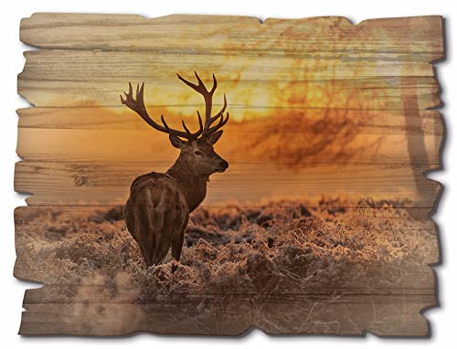 ARTland Wandbild aus Holz Shabby Chic Holzbild 40x30 cm Rechteckig Natur Tiere Hirsch Wald Landschaft Geweih Landhausstil D3JI von ARTLAND