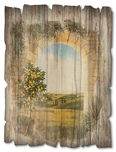 ARTland Wanddeko Bild aus Holz Holzbild vintage Deko 30x40 cm Torbogen Tontöpfe Zitronenbaum Wiese Zypressen Toskana Rustikal T4AK von ARTLAND