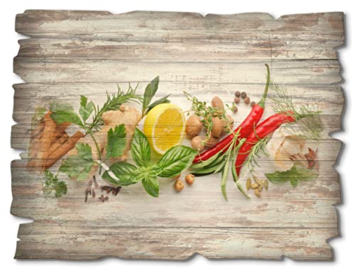 ARTland Wanddeko Bild aus Holz Holzbild vintage Deko 40x30 cm Essen Lebensmittel Gewürze Kräuter Zitrone Chilli Vintage Rustikal U1RK von ARTLAND