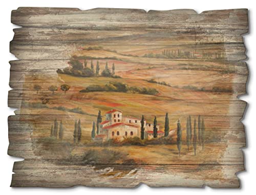 Artland Wandbild aus Holz Shabby Chic Holzbild rechteckig 40x30 cm Landschaft Toskana Berge Tal Haus Kirche Felder Zypressen Mediterran Rustikal A5DM von ARTLAND