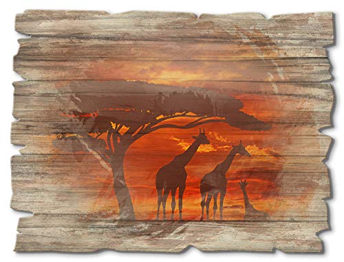 ARTland Wandbild aus Holz Shabby Chic Holzbild rechteckig 40x30 cm Querformat Afrika Safari Tiere Giraffe Herde Sonnenuntergang Savanne S8WS von ARTLAND