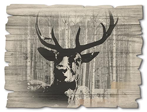 ARTland Wanddeko Bild aus Holz Holzbild vintage Deko 40x30 cm Querformat Natur Wald Tiere Hirsch Geweih Bäume T4VT von ARTLAND