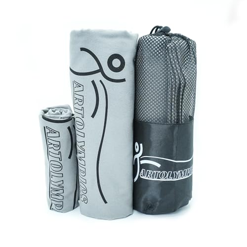ARTOLYMPICS mikrofaser Handtuch, Set aus Zwei Sport- microfaser handtücherset - für Sauna, Fitness, Sport und Reise- | Strandtuch mikrofaser, Sporttuch | Grau S &L (75 x 35+140 x 70cm) von ARTOLYMPICS
