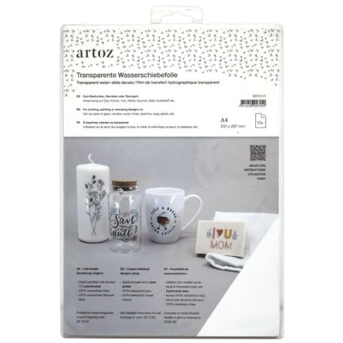 Artoz Transparente Wasserschiebefolie - DIN A4-10 Bogen - für Laserdrucker - Anwendung auf Keramik, Glas, Holz, Metall, Kunststoff, Kerzen, Seife und mehr von ARTOZ