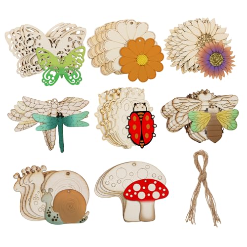ARTSEWPLY 40 Stück Unvollendete Holzfiguren mit Blumen und Insekten Pappelsperrholz Juteschnur für DIY Bastelprojekte und Kreative Dekorationen von ARTSEWPLY