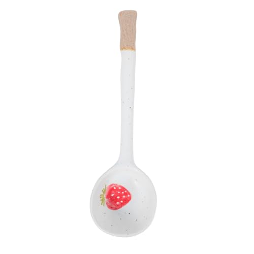 ARTSEWPLY Keramik Suppelöffel Retro Asian Style Handgefertigt Feine Verarbeitung Glatte Oberfläche Kleiner Dessert und Frühstückslöffel für Kaffee Tee und Suppe Schönes Erdbeerdesign von ARTSEWPLY