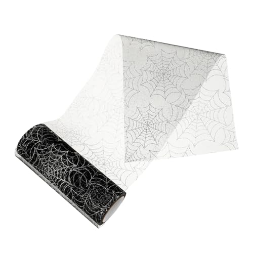 ARTSEWPLY Organza Spinnennetzband Schwarz Silber Halloween Dekorationsband aus Weichfallendem Knitterarmem Material für Geschenkverpackung Basteln Fenster und Türdekoration Spinnennetz Motiv von ARTSEWPLY
