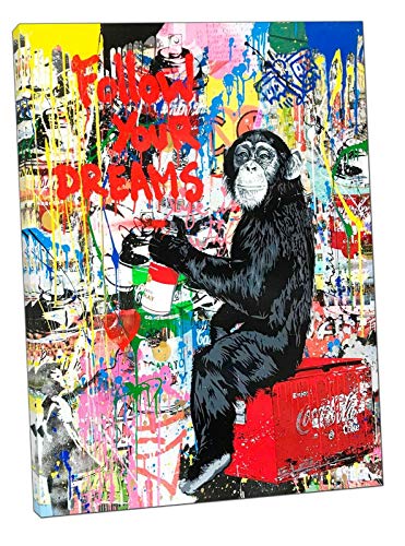 Banksy Schimpanse Zeichnung Follow Your Dreams, Bild Reproduktion Druck auf gerahmter Leinwand, Wandkunst, Heimdekoration, 102 x 76 cm, 38 mm Tiefe von ARTSPRINTS
