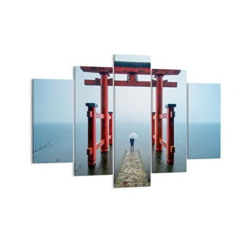 Bilder auf Leinwand 150x100cm Leinwandbild Itsukushima-Jinja Tempel Regenschirm Groß XXL Wanddeko Bild Schlafzimmer Set 5 teilige Wandbilder Dekoration Wohnzimmer Canvas Kunstdruck Art EA150x100-4241 von ARTTOR