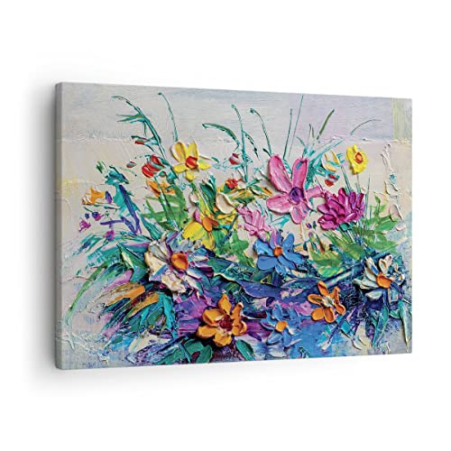 Bilder auf Leinwand Blumen die Farben pastos Leinwandbild 70x50cm Wandbilder Dekoration Wohnzimmer Schlafzimmer Küche Deko Klein Wanddeko Bild Wand Kunstdruck Art Wall Decor Canvas AA70x50-4521 von ARTTOR