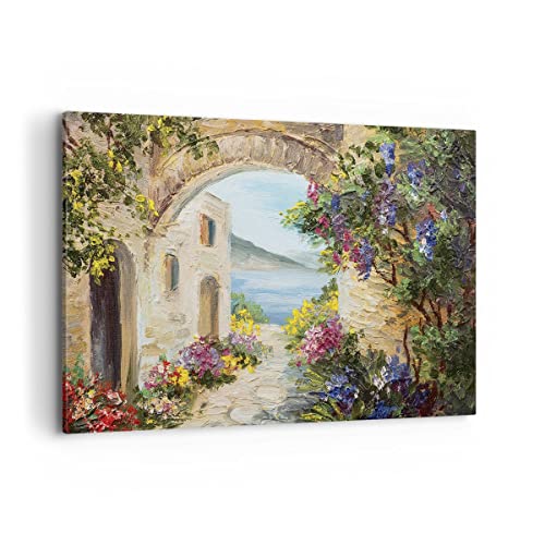 Wandbilder Dekoration Wohnzimmer Haus Santorini Blumen Bilder auf Leinwand 120x80cm Leinwandbild Schlafzimmer Küche Deko Wand Kunstdruck Art Groß XXL Wanddeko Bild Wall Decor Canvas AA120x80-4191 von ARTTOR