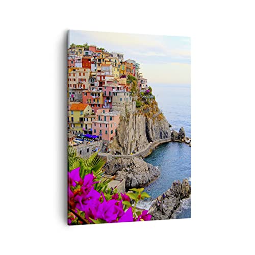 Bilder auf Leinwand Italien küste felsen landschaft Leinwandbild mit Rahmen 50x70cm Wandbilder Dekoration Wohnzimmer Schlafzimmer Küche Deko Groß Wanddeko Bild Wand Kunstdruck Art Canvas PA50x70-2684 von ARTTOR