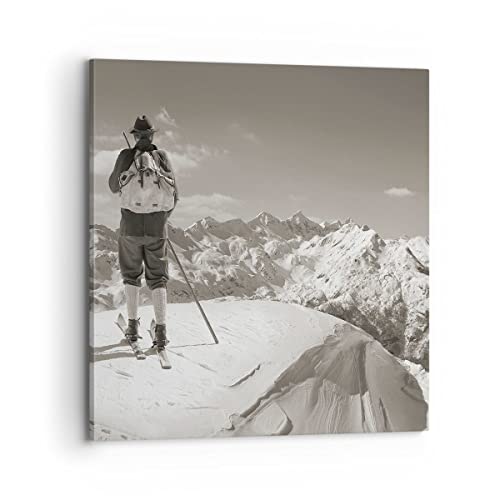 ARTTOR Bilder auf Leinwand 70x70cm Leinwandbild Skifahrer Bayern Sepia Groß Wanddeko Bild Schlafzimmer Küche Deko Wandbilder Dekoration Wohnzimmer Wall Decor Canvas Wand Kunstdruck Art AC70x70-4192 von ARTTOR