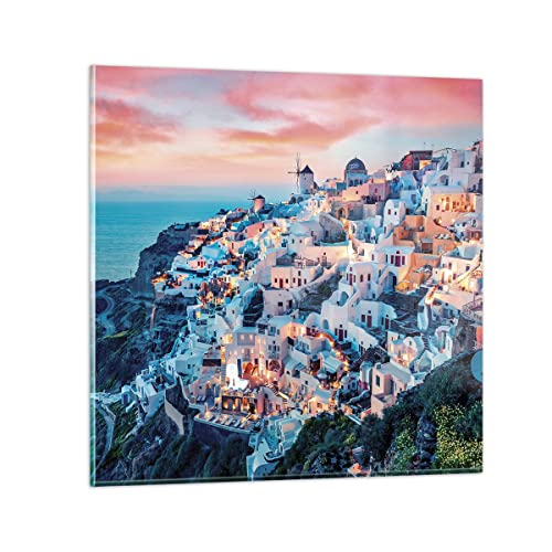 Bilder auf Glas Santorini Griechenland anzeigen Glasbild 60x60cm Wandbilder Dekoration Wohnzimmer Schlafzimmer Küche Deko Groß Wanddeko Bild im Glas Wand Kunstdruck Art Modern Wall Decor GAC60x60-4784 von ARTTOR