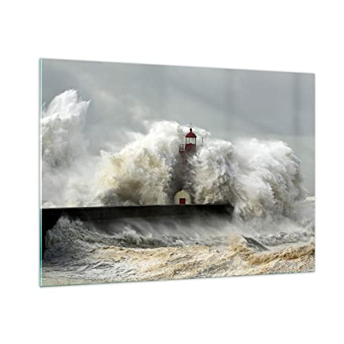 Bilder auf Glas 100x70cm Glasbild Leuchtturm Ozean Sturm Groß Wanddeko Bild im Glas Schlafzimmer Küche Deko Wandbilder Dekoration Wohnzimmer Modern Wall Decor Wand Kunstdruck Art GAA100x70-2442 von ARTTOR