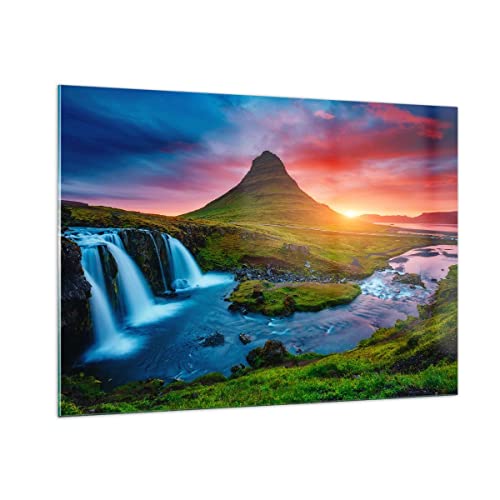 Bilder auf Glas 100x70cm Glasbild Sonnenuntergang Wasserfall Island Vulkan Groß Wanddeko Bild im Glas Schlafzimmer Küche Deko Wandbilder Dekoration Wohnzimmer Modern Wand Kunstdruck Art GAA100x70-2963 von ARTTOR