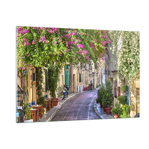 ARTTOR Wandbilder Dekoration Wohnzimmer Straße dekoration blumen griechenland Bilder auf Glas 120x80cm Glasbild Schlafzimmer Küche Deko Wand Kunstdruck Art Groß XXL Wanddeko Modern GAA120x80-2429 von ARTTOR