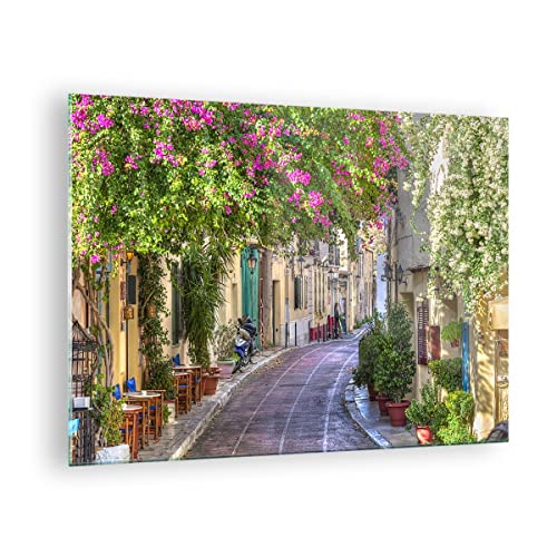 Bilder auf Glas Straße dekoration blumen griechenland Glasbild 70x50cm Wandbilder Dekoration Wohnzimmer Schlafzimmer Küche Deko Klein Wanddeko Bild im Glas Wand Kunstdruck Art Modern GAA70x50-2429 von ARTTOR