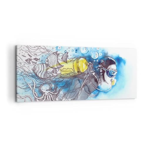 ARTTOR Wandbilder Dekoration Wohnzimmer Taucher Fische Illustration Hobby Bilder auf Leinwand 120x50cm Leinwandbild Schlafzimmer Wand Kunstdruck Art Groß Wanddeko Bild Wall Decor Canvas AB120x50-2982 von ARTTOR