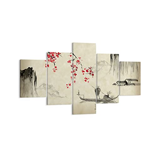 Mehrteilige Bilder auf Leinwand Blume Kirschen Japan Leinwandbild 125x70cm Wandbilder Dekoration Wohnzimmer Schlafzimmer Set 5 teilige Klein Wanddeko Bild Wand Kunstdruck Art Canvas EA125x70-5020 von ARTTOR