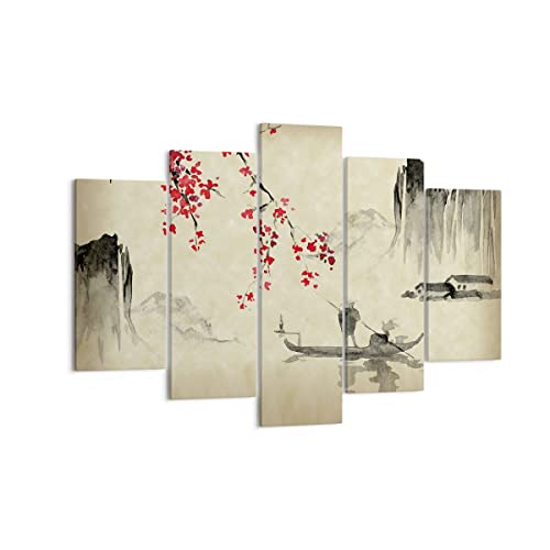 Mehrteilige Bilder auf Leinwand 150x100cm Leinwandbild Blume Kirschen Japan Groß XXL Wanddeko Bild Schlafzimmer Set 5 teilige Wandbilder Dekoration Wohnzimmer Canvas Wand Kunstdruck Art EA150x100-5020 von ARTTOR