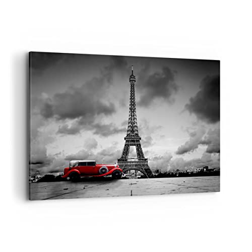 Wandbilder Dekoration Wohnzimmer Auto Eiffle Paris Stadt Bilder auf Leinwand 120x80cm Leinwandbild Schlafzimmer Küche Deko Wand Kunstdruck Art Groß XXL Wanddeko Bild Wall Decor Canvas AA120x80-2828 von ARTTOR