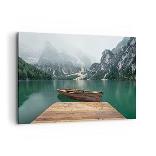 Bilder auf Leinwand 100x70cm Leinwandbild mit Rahmen Berge See Boot Groß Wanddeko Bild Schlafzimmer Küche Deko Wandbilder Dekoration Wohnzimmer Wall Decor Canvas Wand Kunstdruck Art AA100x70-3978 von ARTTOR