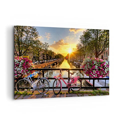 Wandbilder Dekoration Wohnzimmer Bikes Kanal Amsterdam Architektur Bilder auf Leinwand 120x80cm Leinwandbild Schlafzimmer Deko Wand Kunstdruck Art Groß XXL Wanddeko Bild Decor Canvas AA120x80-3081 von ARTTOR