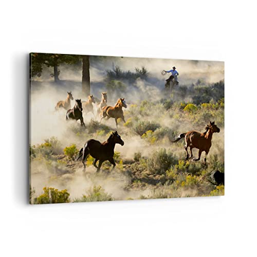 ARTTOR Bilder auf Leinwand 100x70cm Leinwandbild Cowboy Cowgirl Pferd Groß Wanddeko Bild Schlafzimmer Küche Deko Wandbilder Dekoration Wohnzimmer Wall Decor Canvas Wand Kunstdruck Art AA100x70-2201 von ARTTOR