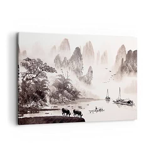 Bilder auf Leinwand 100x70cm Leinwandbild Chinesisch Landschaft Aquarell Groß Wanddeko Bild Schlafzimmer Küche Deko Wandbilder Dekoration Wohnzimmer Wall Decor Canvas Wand Kunstdruck Art AA100x70-4265 von ARTTOR