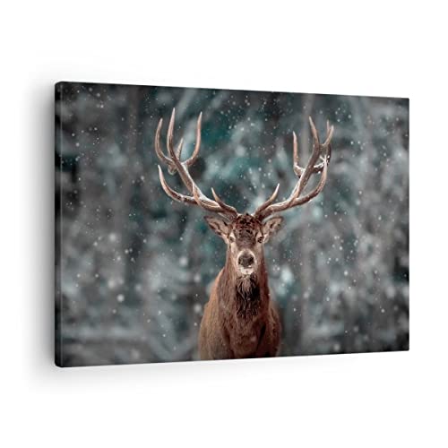 Bilder auf Leinwand Hirsch Hirsch Winter Leinwandbild mit Rahmen 70x50cm Wandbilder Dekoration Wohnzimmer Schlafzimmer Küche Deko Klein Wanddeko Bild Wand Kunstdruck Art Wall Decor Canvas AA70x50-4998 von ARTTOR