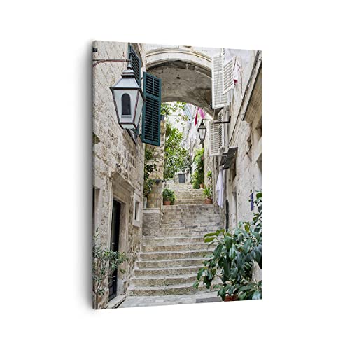 Bilder auf Leinwand Kroatien Treppe Dubrovnik Leinwandbild mit Rahmen 50x70cm Wandbilder Dekoration Wohnzimmer Schlafzimmer Küche Deko Groß Wanddeko Bild Wand Kunstdruck Art Wall Canvas PA50x70-5150 von ARTTOR