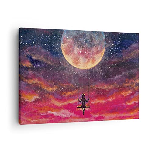 Bilder auf Leinwand Mond Schaukel Frau Leinwandbild mit Rahmen 70x50cm Wandbilder Dekoration Wohnzimmer Schlafzimmer Küche Deko Klein Wanddeko Bild Wand Kunstdruck Art Wall Decor Canvas AA70x50-5095 von ARTTOR