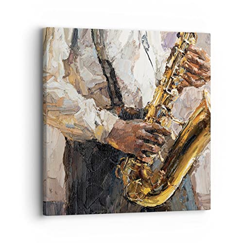 Bilder auf Leinwand Saxophon Öl Musiker Leinwandbild mit Rahmen 30x30cm Wandbilder Dekoration Wohnzimmer Schlafzimmer Küche Deko Klein Wanddeko Bild Wand Kunstdruck Art Wall Decor Canvas AC30x30-4808 von ARTTOR