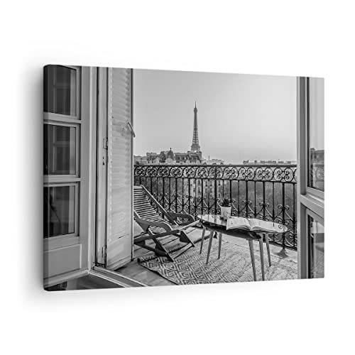 Bilder auf Leinwand Schwarzweiß Paris Balkon Leinwandbild 70x50cm Wandbilder Dekoration Wohnzimmer Schlafzimmer Küche Deko Klein Wanddeko Bild Wand Kunstdruck Art Wall Decor Canvas AA70x50-4595 von ARTTOR