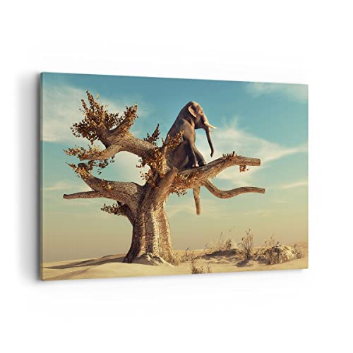 Wandbilder Dekoration Wohnzimmer Sitzen Elefant Baum Bilder auf Leinwand 120x80cm Leinwandbild Schlafzimmer Küche Deko Wand Kunstdruck Art Groß XXL Wanddeko Bild Wall Decor Canvas AA120x80-4345 von ARTTOR