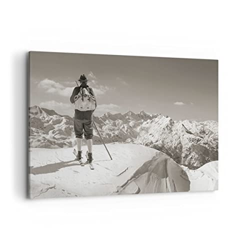 Wandbilder Dekoration Wohnzimmer Skifahrer Bayern Sepia Bilder auf Leinwand 120x80cm Leinwandbild Schlafzimmer Küche Deko Wand Kunstdruck Art Groß XXL Wanddeko Bild Wall Decor Canvas AA120x80-4192 von ARTTOR