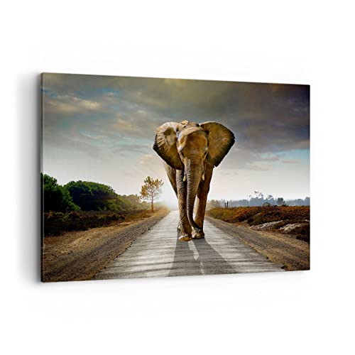 Wandbilder Dekoration Wohnzimmer Elefant Straße Landschaft Bilder auf Leinwand 120x80cm Leinwandbild Schlafzimmer Küche Deko Wand Kunstdruck Art Groß XXL Wanddeko Bild Wall Decor Canvas AA120x80-0214 von ARTTOR