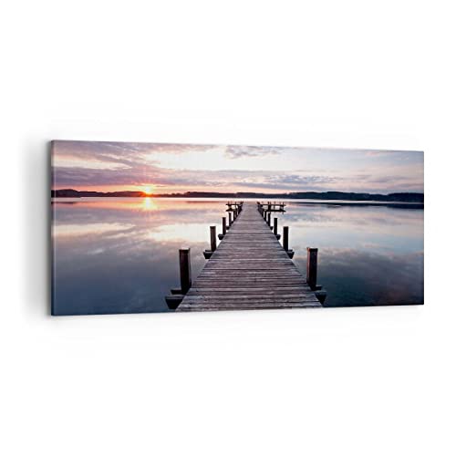 Wandbilder Dekoration Wohnzimmer Fußgängerbrücke See Sonnenuntergang Abend Bilder auf Leinwand 120x50cm Leinwandbild Schlafzimmer Wand Kunstdruck Art Groß Wanddeko Bild Wall Decor Canvas AB120x50-2635 von ARTTOR