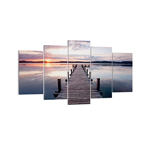 ARTTOR Wandbilder Dekoration Wohnzimmer Fußgängerbrücke See Sonnenuntergang Abend Bilder auf Leinwand 160x85cm Leinwandbild Schlafzimmer Set 5 teilige Art Groß XXL Wanddeko Bild Canvas EA160x85-2635 von ARTTOR