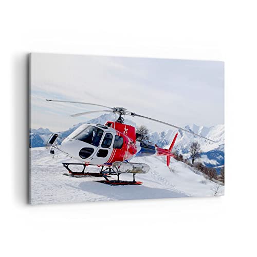 Bilder auf Leinwand 100x70cm Leinwandbild Hubschrauber Berge Gipfel Winter Groß Wanddeko Bild Schlafzimmer Deko Wandbilder Dekoration Wohnzimmer Wall Decor Canvas Wand Kunstdruck Art AA100x70-1572 von ARTTOR