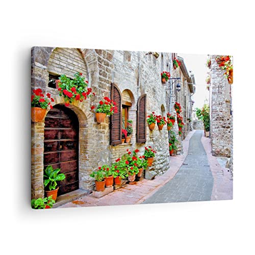 Bilder auf Leinwand Italien Straße Blumen Geschichte Leinwandbild 70x50cm Wandbilder Dekoration Wohnzimmer Schlafzimmer Deko Klein Wanddeko Bild Wand Kunstdruck Art Wall Decor Canvas AA70x50-2817 von ARTTOR